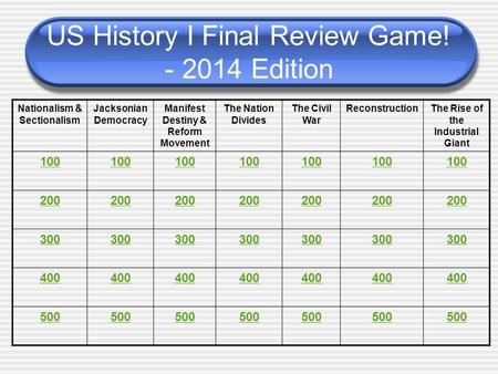 US History I Final Review Game! - 2014 Edition Nationalism & Sectionalism Jacksonian Democracy Manifest Destiny & Reform Movement The Nation Divides The.