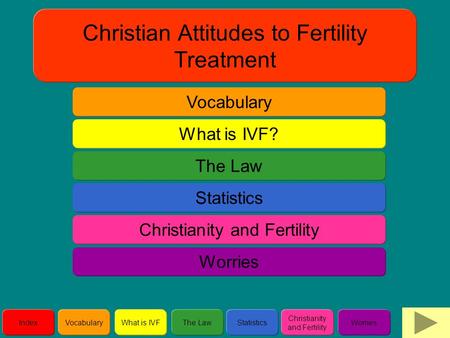 IndexVocabularyWhat is IVFThe LawStatistics Christianity and Fertility Worries Christian Attitudes to Fertility Treatment Vocabulary The Law What is IVF?