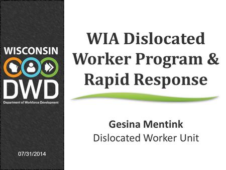 07/31/2014 WIA Dislocated Worker Program & Rapid Response Gesina Mentink Dislocated Worker Unit.