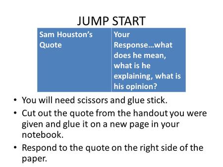 JUMP START You will need scissors and glue stick. Cut out the quote from the handout you were given and glue it on a new page in your notebook. Respond.