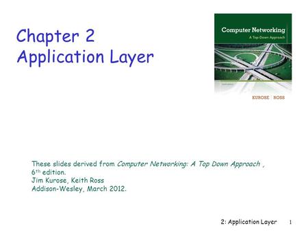 2: Application Layer1 Chapter 2 Application Layer These slides derived from Computer Networking: A Top Down Approach, 6 th edition. Jim Kurose, Keith Ross.