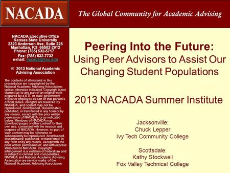 Peering Into the Future: Using Peer Advisors to Assist Our Changing Student Populations NACADA Executive Office Kansas State University 2323 Anderson Ave,