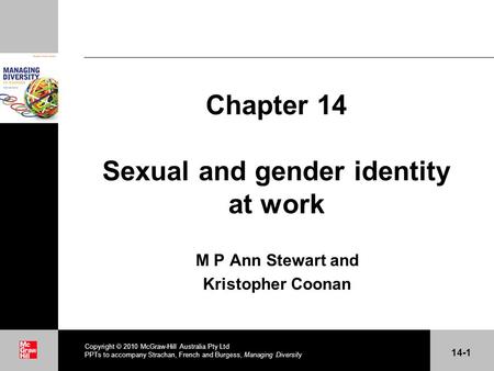 . Chapter 14 Sexual and gender identity at work M P Ann Stewart and Kristopher Coonan Copyright  2010 McGraw-Hill Australia Pty Ltd PPTs to accompany.
