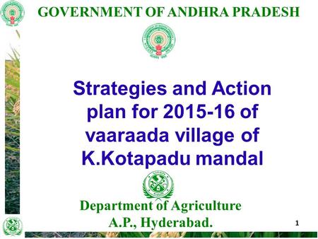 GOVERNMENT OF ANDHRA PRADESH 1 Department of Agriculture A.P., Hyderabad. Strategies and Action plan for 2015-16 of vaaraada village of K.Kotapadu mandal.