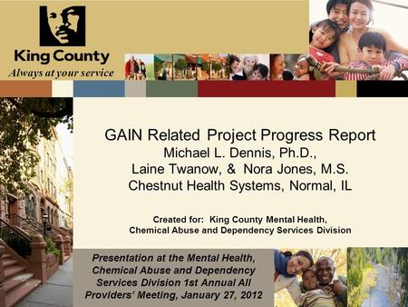 Always at your service GAIN Related Project Progress Report Michael L. Dennis, Ph.D., Laine Twanow, & Nora Jones, M.S. Chestnut Health Systems, Normal,