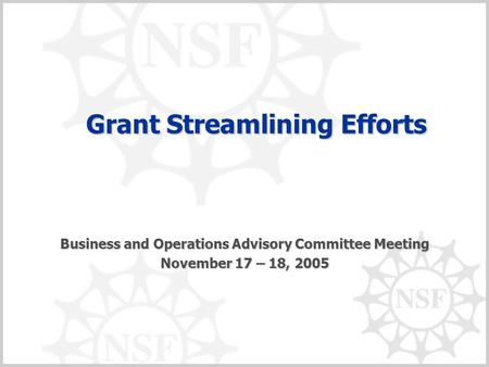 Grant Streamlining Efforts Grant Streamlining Efforts Business and Operations Advisory Committee Meeting November 17 – 18, 2005.