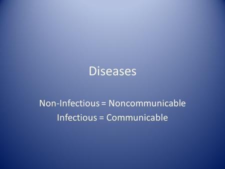 Diseases Non-Infectious = Noncommunicable Infectious = Communicable.