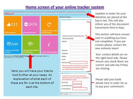 Home screen of your online tracker system Updates or notes for your attention are placed at the top in red. This will also inform you of the document turnaround.
