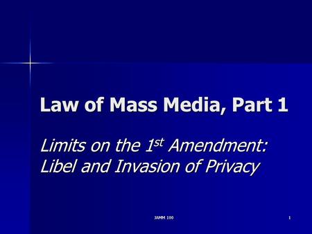 JAMM 1001 Law of Mass Media, Part 1 Limits on the 1 st Amendment: Libel and Invasion of Privacy.