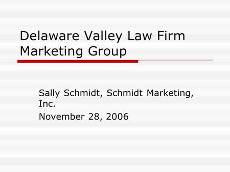 Delaware Valley Law Firm Marketing Group Sally Schmidt, Schmidt Marketing, Inc. November 28, 2006.