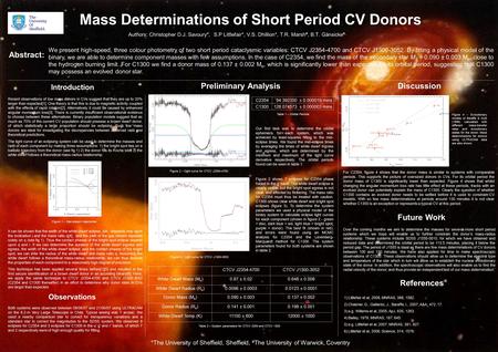 Mass Determinations of Short Period CV Donors Authors: Christopher D.J. Savoury*, S.P Littlefair*, V.S. Dhillion*, T.R. Marsh #, B.T. Gänsicke #, *The.