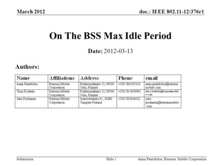 Doc.: IEEE 802.11-12/376r1 Submission March 2012 Anna Pantelidou, Renesas Mobile CorporationSlide 1 On The BSS Max Idle Period Date: 2012-03-13 Authors:
