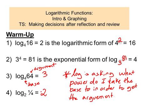 1) log416 = 2 is the logarithmic form of 4░ = 16