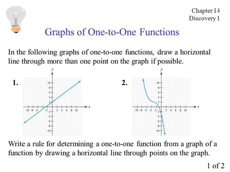 Graphs of One-to-One Functions In the following graphs of one-to-one functions, draw a horizontal line through more than one point on the graph if possible.