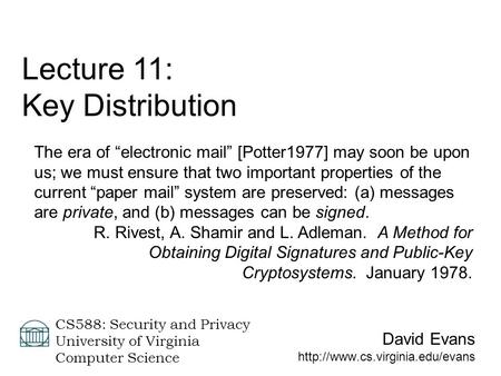 Lecture 11: Key Distribution