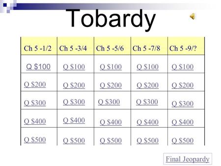 Tobardy Ch 5 -1/2Ch 5 -3/4Ch 5 -5/6Ch 5 -7/8 Ch 5 -9/? Q $200 Q $300 Q $400 Q $500 Q $100 Q $200 Q $300 Q $400 Q $500 Final Jeopardy Q $100.