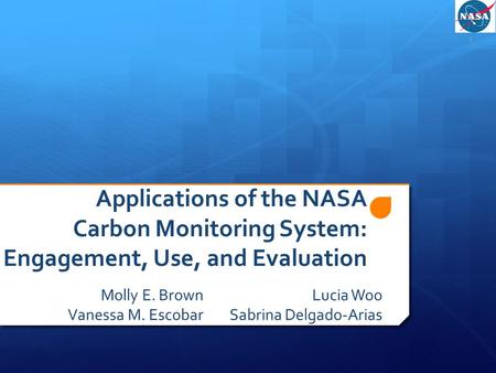 Applications of the NASA Carbon Monitoring System: Engagement, Use, and Evaluation Molly E. Brown Vanessa M. Escobar 1 Lucia Woo Sabrina Delgado-Arias.