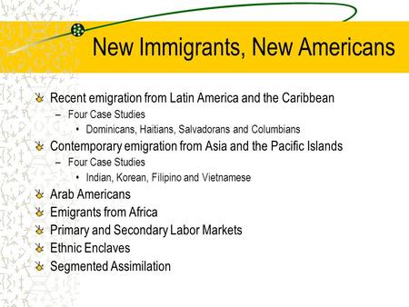 New Immigrants, New Americans Recent emigration from Latin America and the Caribbean –Four Case Studies Dominicans, Haitians, Salvadorans and Columbians.