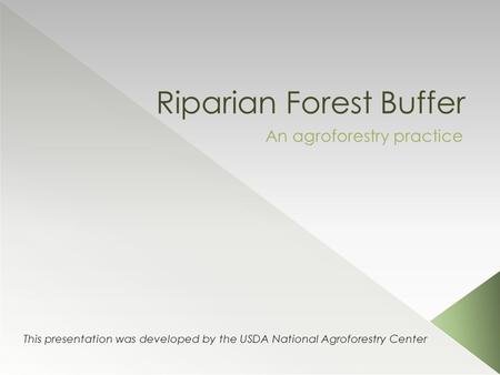 Riparian Forest Buffer An agroforestry practice This presentation was developed by the USDA National Agroforestry Center.