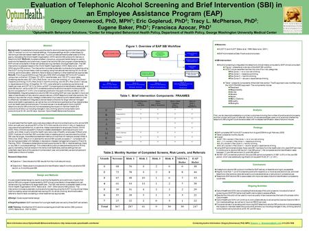 Evaluation of Telephonic Alcohol Screening and Brief Intervention (SBI) in an Employee Assistance Program (EAP) Gregory Greenwood, PhD, MPH 1 ; Eric Goplerud,
