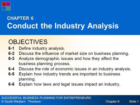 SUCCESSFUL BUSINESS PLANNING FOR ENTREPRENEURS © South-Western Thomson Chapter 6Slide 1 CHAPTER 6 Conduct the Industry Analysis OBJECTIVES 6-1Define industry.