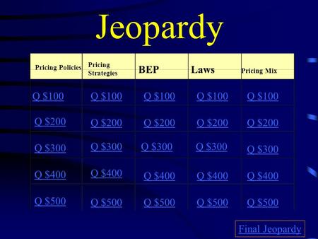 Jeopardy Pricing Policies Pricing Strategies BEPLaws Pricing Mix Q $100 Q $200 Q $300 Q $400 Q $500 Q $100 Q $200 Q $300 Q $400 Q $500 Final Jeopardy.