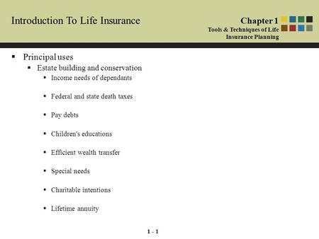 1 - 1 Introduction To Life Insurance  Principal uses  Estate building and conservation  Income needs of dependants  Federal and state death taxes 