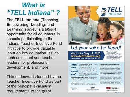Copyright © 2011 New Teacher Center. All Rights Reserved.Copyright © 2013 New Teacher Center. All Rights Reserved. What is “TELL Indiana” ? The TELL Indiana.