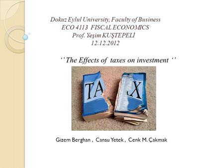 Dokuz Eylul University, Faculty of Business ECO 4113 FISCAL ECONOMICS Prof. Yeşim KUŞTEPELİ 12.12.2012 ‘’ The Effects of taxes on investment ‘’ Gizem Berghan,