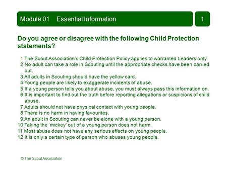 © The Scout Association Do you agree or disagree with the following Child Protection statements? 1 The Scout Association’s Child Protection Policy applies.