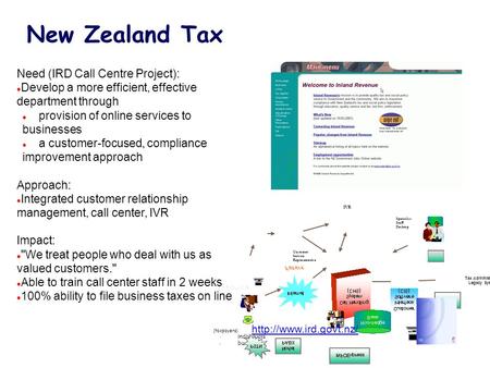 (taxpayers) – individuals – businesses Customer Service Representative IVR Specialist Staff Desktop Tax Administration Legacy System Need (IRD Call Centre.