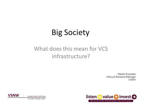 Big Society What does this mean for VCS infrastructure? Warren Escadale Policy & Research Manager VSNW.