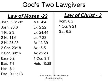 Resurrection - Proves Jesus a Superior Lawgiver 1 God’s Two Lawgivers Law of Moses -22 Josh. 8:31-32Mal. 4:4 Josh. 23:6Lk. 2:22 1 Ki. 2:3Lk. 24:44 2 Ki.