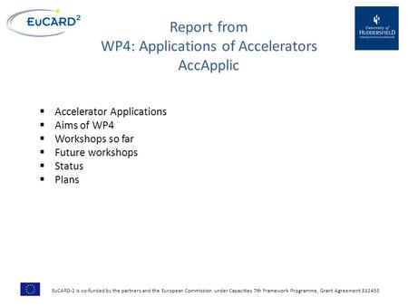 Report from WP4: Applications of Accelerators AccApplic  Accelerator Applications  Aims of WP4  Workshops so far  Future workshops  Status  Plans.