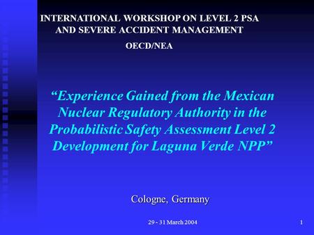 29 - 31 March 20041 “Experience Gained from the Mexican Nuclear Regulatory Authority in the Probabilistic Safety Assessment Level 2 Development for Laguna.