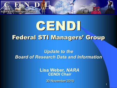1 Update to the Board of Research Data and Information CENDI Federal STI Managers’ Group CENDI Federal STI Managers’ Group 30 November 2010 Lisa Weber,