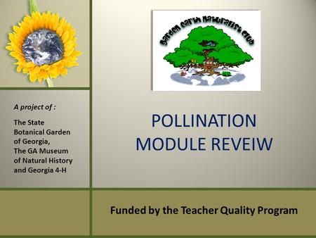 POLLINATION MODULE REVEIW Funded by the Teacher Quality Program A project of : The State Botanical Garden of Georgia, The GA Museum of Natural History.