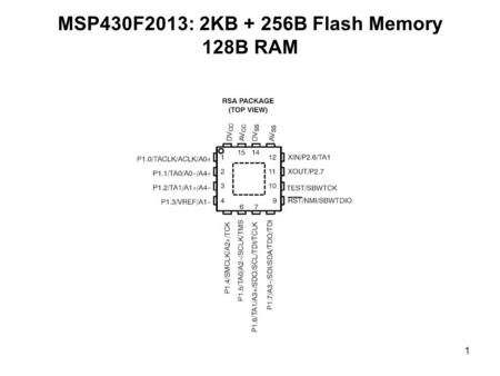 1 MSP430F2013: 2KB + 256B Flash Memory 128B RAM. 2 MSP430 MSP ( mixed signal processor) The CPU is small and efficient, with a large number of registers.