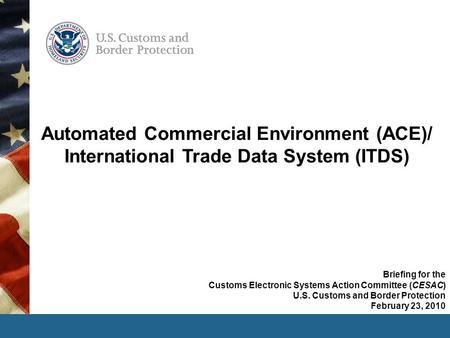Automated Commercial Environment (ACE)/ International Trade Data System (ITDS) Briefing for the Customs Electronic Systems Action Committee (CESAC) U.S.