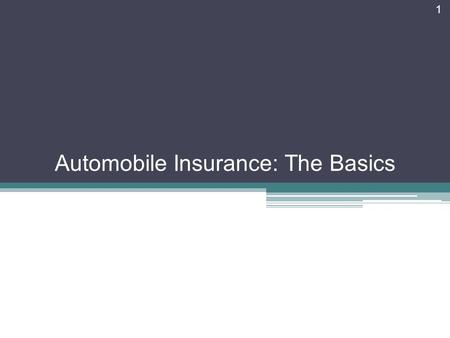 1 Automobile Insurance: The Basics. Objectives Identify important types of motor vehicle insurance coverage. Explain factors that affect the cost of motor.