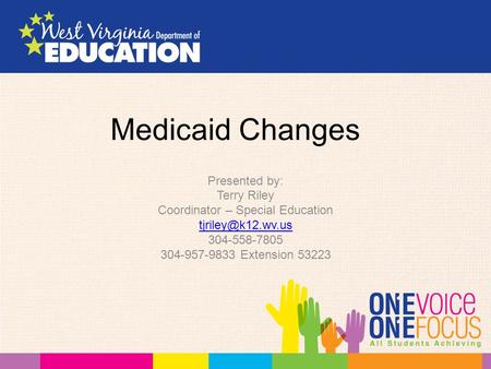 Medicaid Changes Presented by: Terry Riley Coordinator – Special Education 304-558-7805 304-957-9833 Extension 53223.
