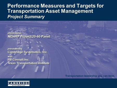 Transportation leadership you can trust. presented to NCHRP Project 20-60 Panel presented by Cambridge Systematics, Inc. with PB Consult Inc. Texas Transportation.