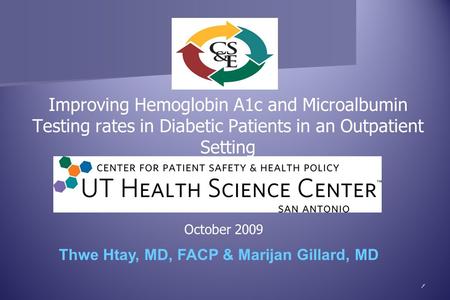 1 Improving Hemoglobin A1c and Microalbumin Testing rates in Diabetic Patients in an Outpatient Setting October 2009 Thwe Htay, MD, FACP & Marijan Gillard,