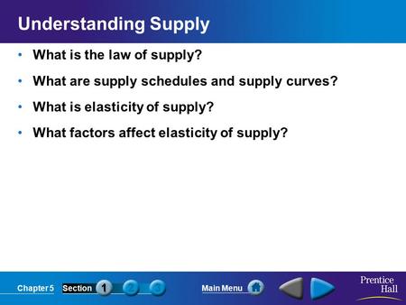 Chapter 5SectionMain Menu Understanding Supply What is the law of supply? What are supply schedules and supply curves? What is elasticity of supply? What.