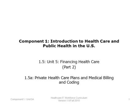 Component 1: Introduction to Health Care and Public Health in the U.S. 1.5: Unit 5: Financing Health Care (Part 2) 1.5a: Private Health Care Plans and.