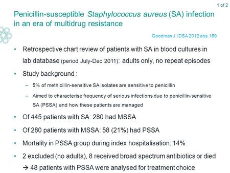 Penicillin-susceptible Staphylococcus aureus (SA) infection in an era of multidrug resistance Retrospective chart review of patients with SA in blood cultures.
