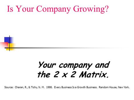 Is Your Company Growing? Your company and the 2 x 2 Matrix. Source: Charan, R., & Tichy, N. M. 1998. Every Business Is a Growth Business. Random House,