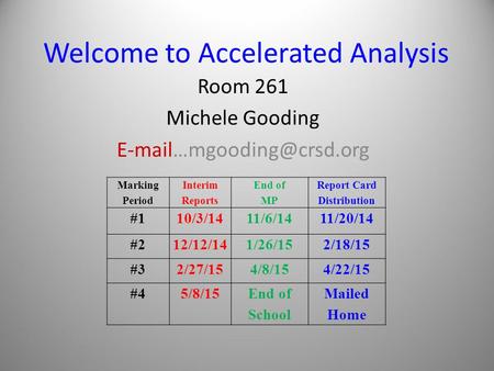 Welcome to Accelerated Analysis Room 261 Michele Gooding Marking Period Interim Reports End of MP Report Card Distribution #110/3/1411/6/1411/20/14.