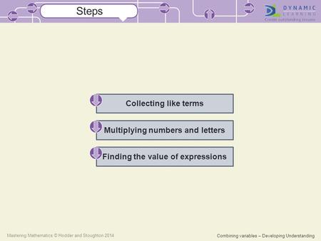 Combining variables – Developing Understanding Mastering Mathematics © Hodder and Stoughton 2014 Collecting like terms Multiplying numbers and letters.