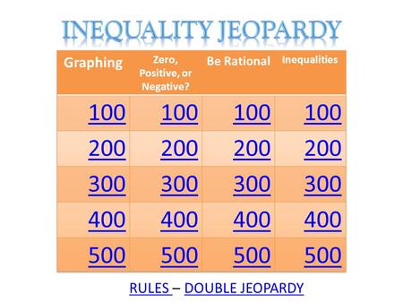 RULES RULES – DOUBLE JEOPARDYDOUBLE JEOPARDY. Players: 2-3 Players play rock, paper, scissors to determine who chooses which question first and second.